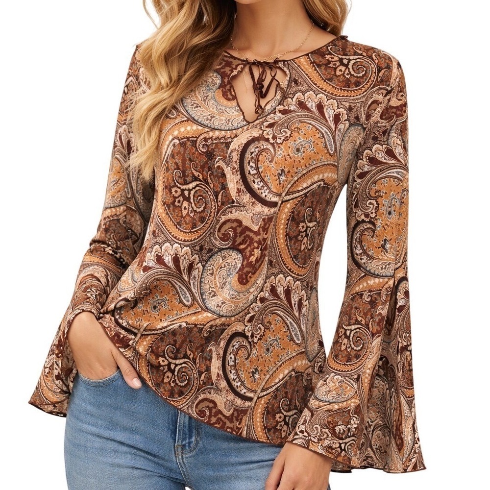 Giorgio Fiorlini Collection Tunic XL Brown Paisley Keyhole Lettuce Edge Boho